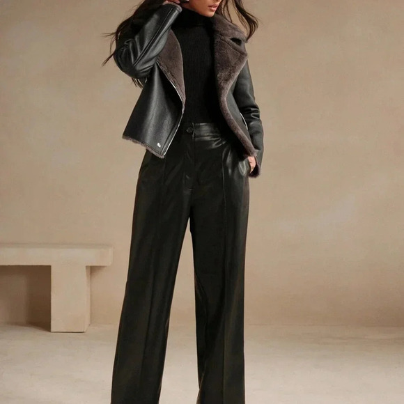 Black Casual Women's Faux Leather Composite Collar Jacket - Picture 4 of 7